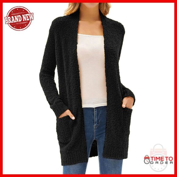 Sweaters - Long Fuzzy Cardigan Sweater with Pockets, Chunky Knit Winter Coat